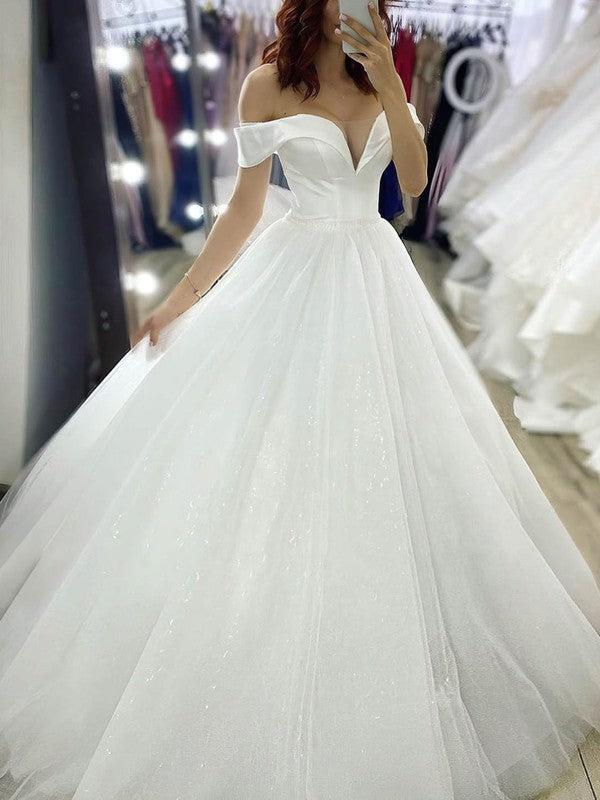 Stunning V-Neck Off-The-Shoulder Ball Gown Satin Wedding Dresses