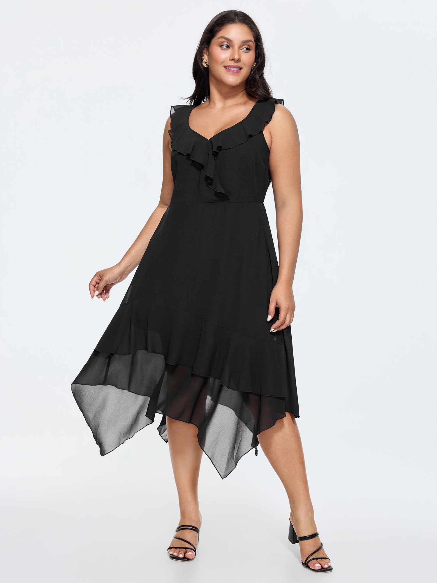 Chiffon Ruffled Neckline High Low Hem Midi Dress