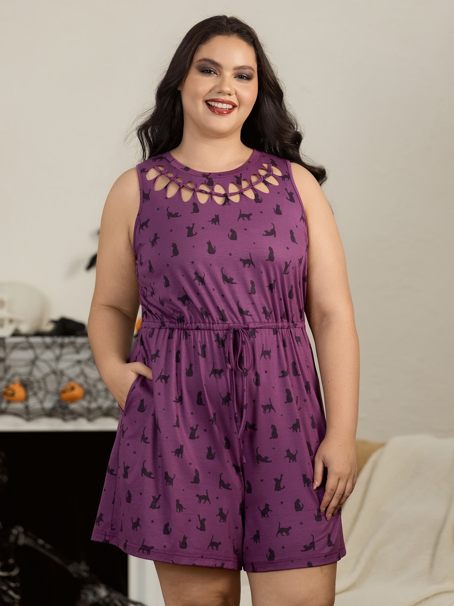 Supersoft Cat Print Cut Out Neck Lounge Romper