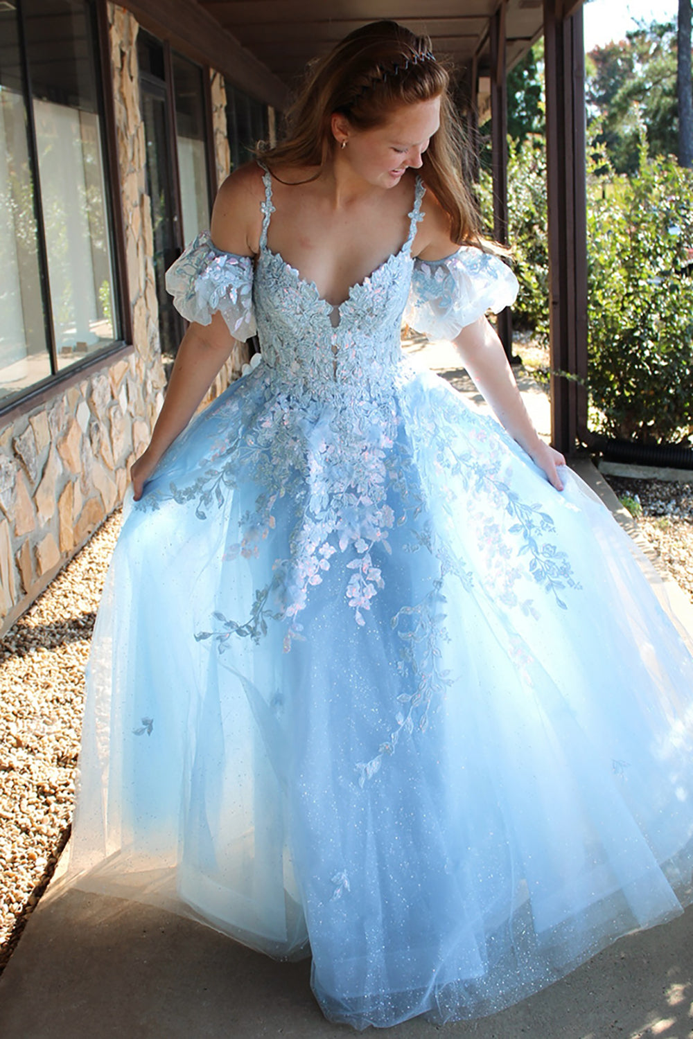 Princess Long Prom Dress in Sparkly Light Blue Tulle with Spaghetti Straps and Appliques