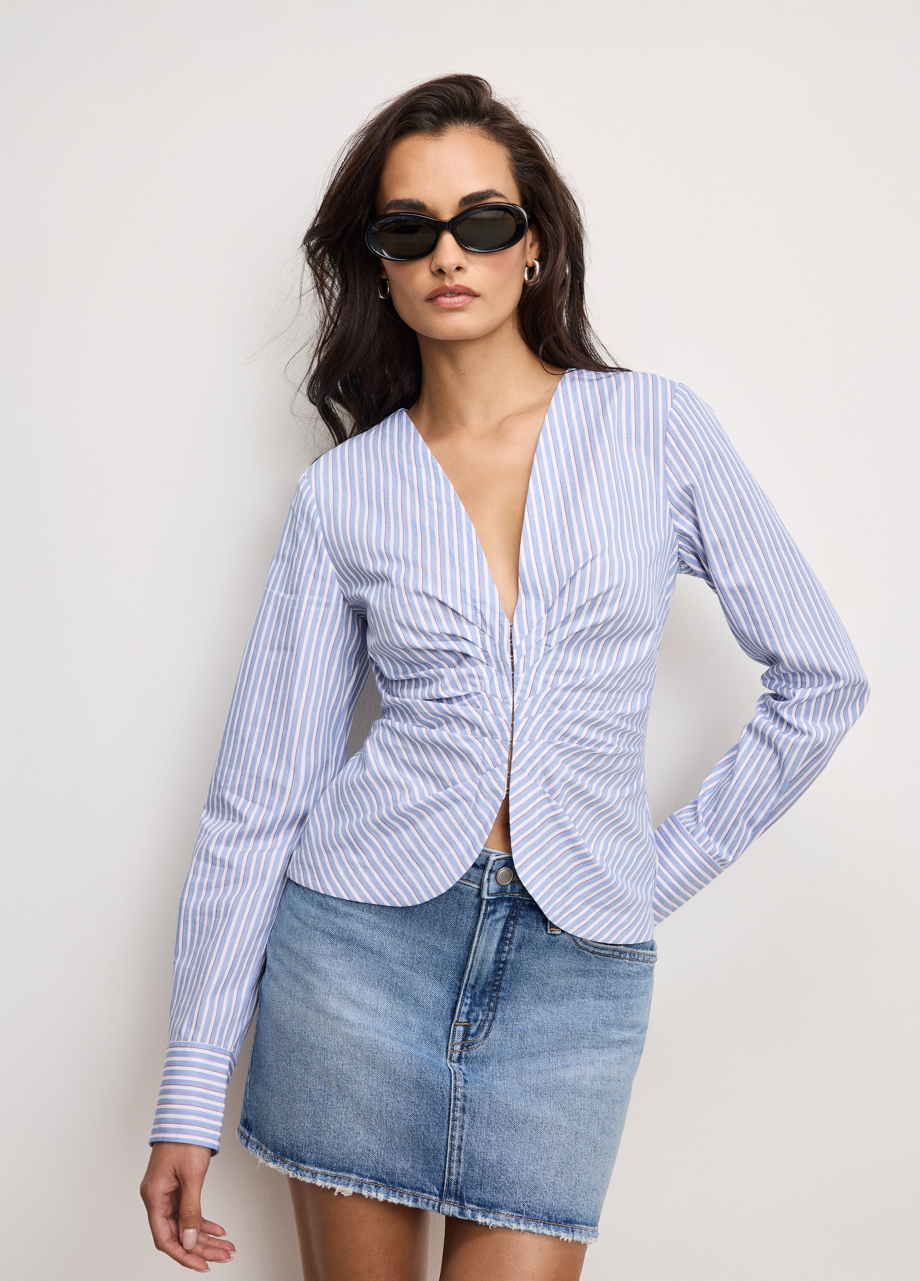 POPLIN RUCHED SHIRT | VACAY STRIPE001