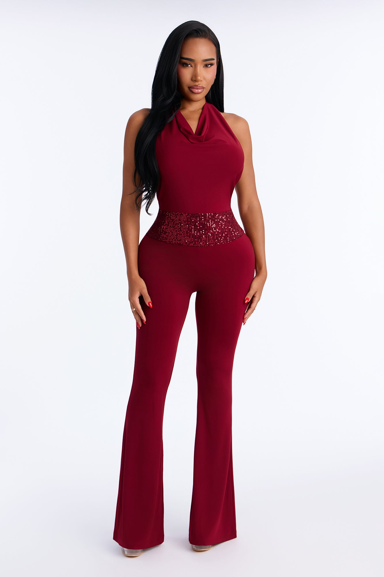 Tatiana Sequin Trim Backless Jumpsuit - Burgundy