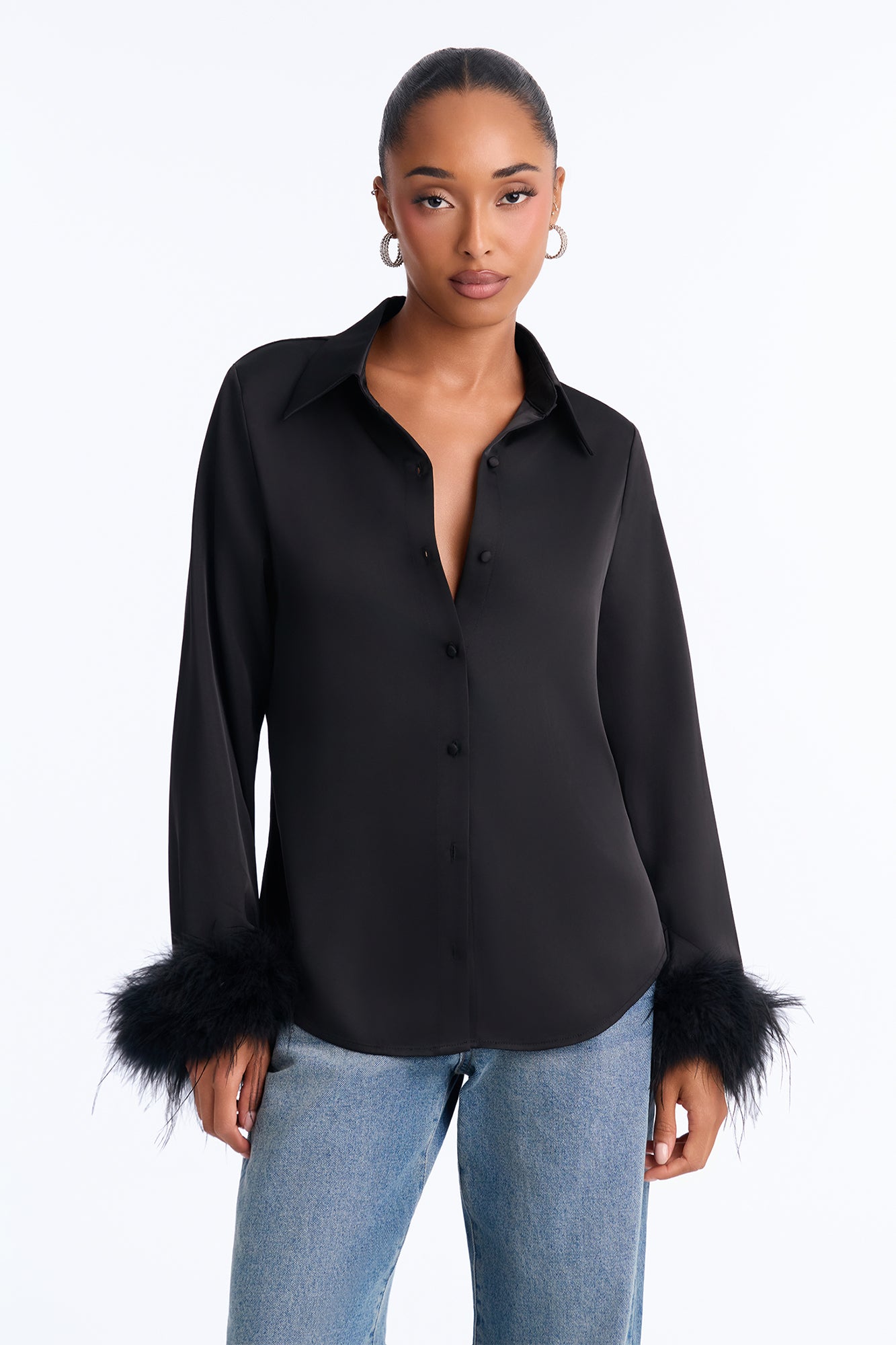 Affectionate Satin Feather Trim Blouse - Black