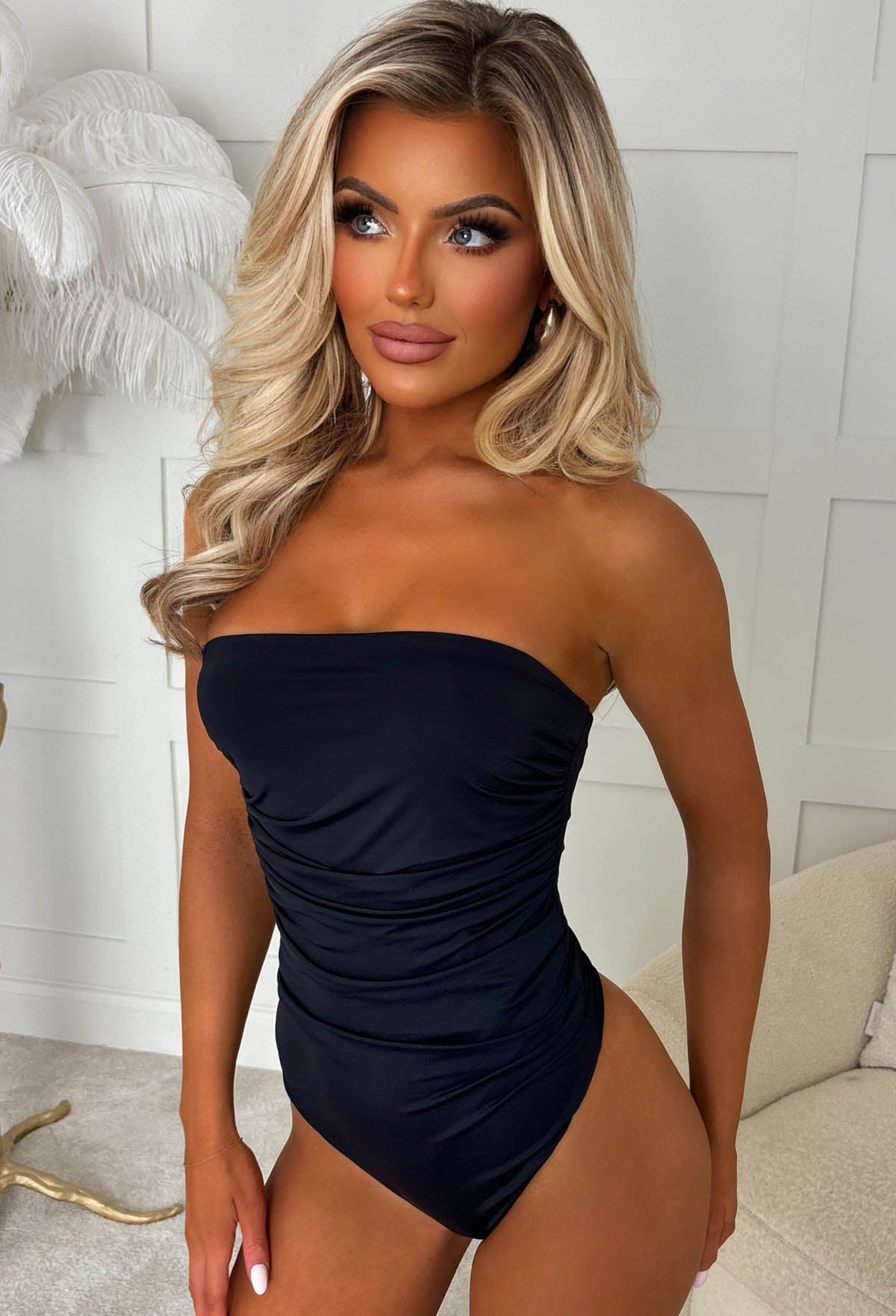 Your Girl Black Bandeau Stretch Ruched Bodysuit