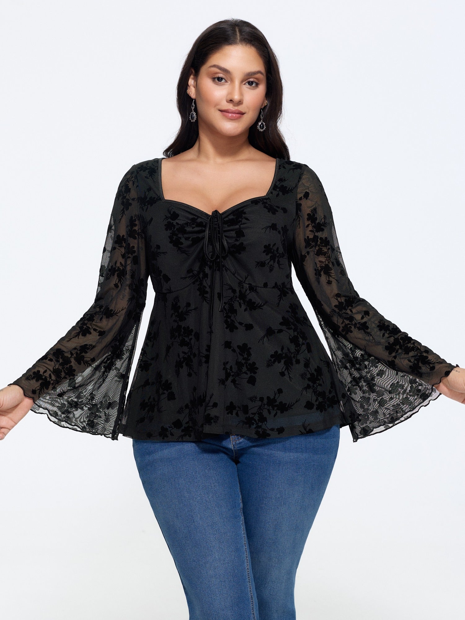 Floral Flocked Bell Long Sleeve Mesh Top