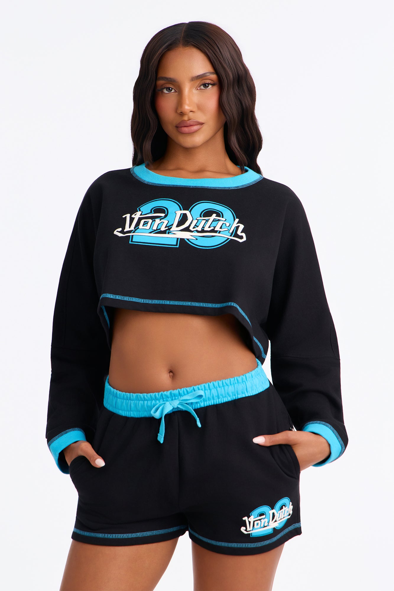 Von Dutch 29 Contrast Stitching PJ Short Set - Black/Blue