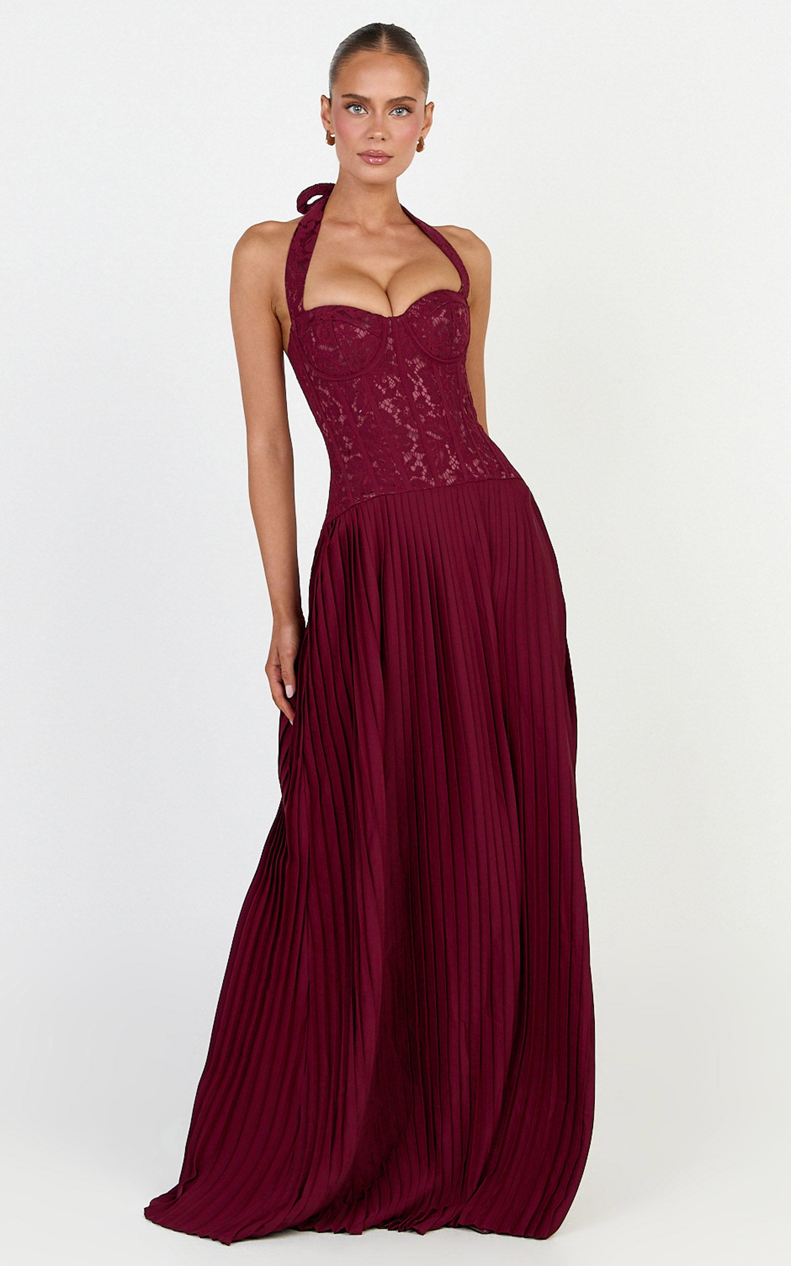Malia Maxi Dress - Lace Corset Bodice Contrast Pleated Skirt Halter Dress in Wine