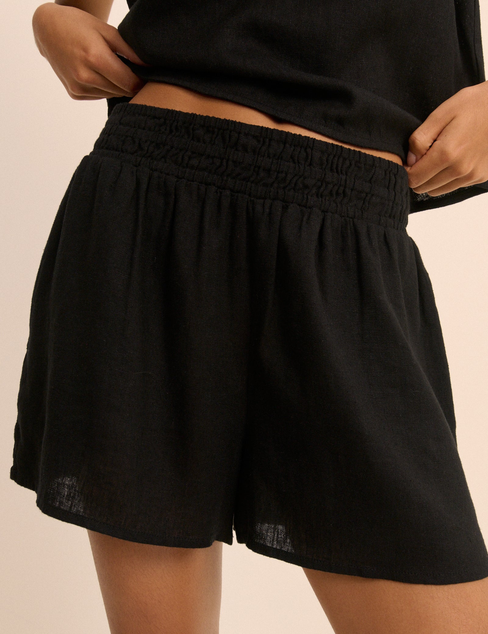 Black Linen-Rich Elasticated Waist Shorts