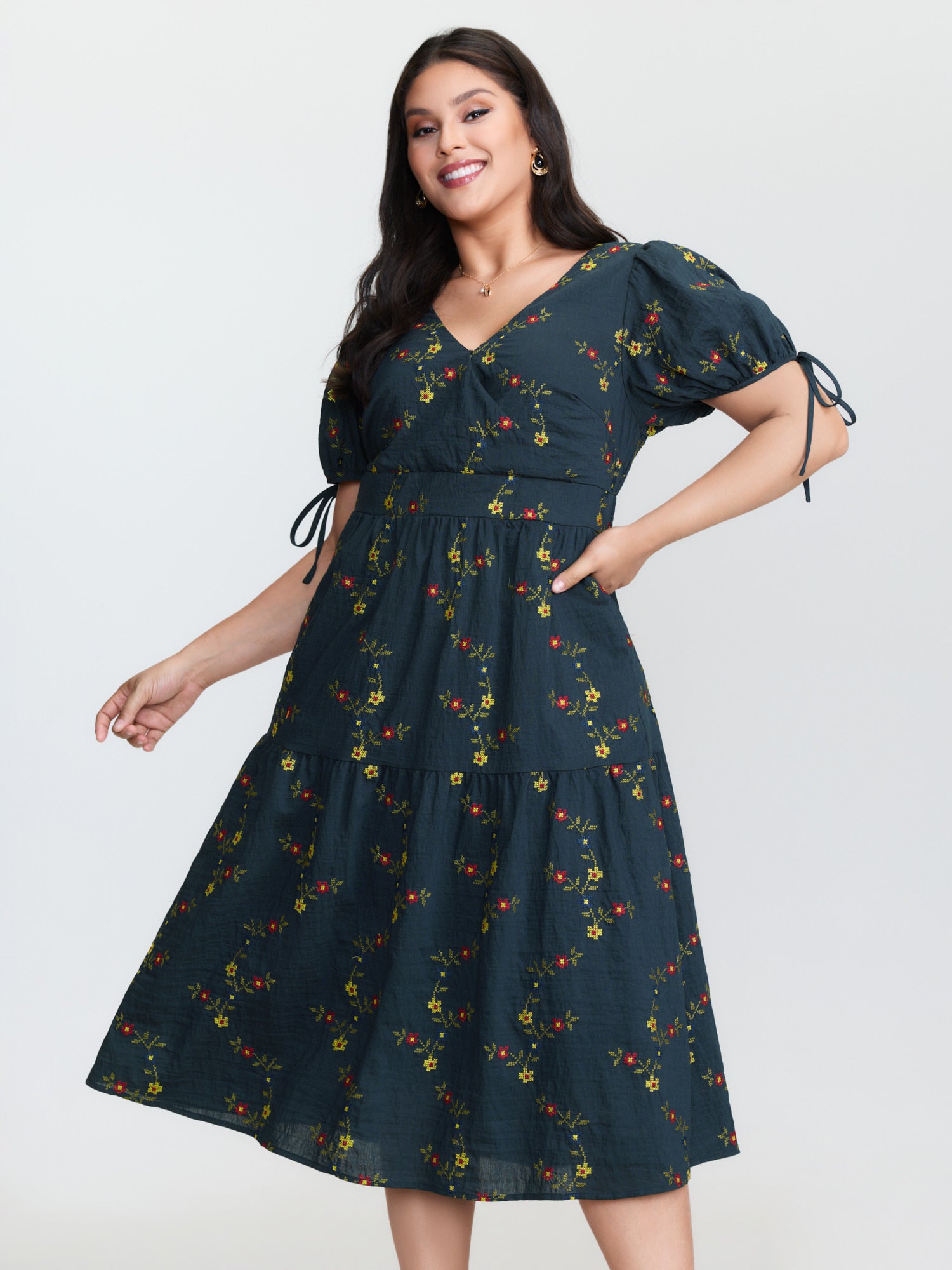 Floral Embroidered Sleeve Tie Midi Dress