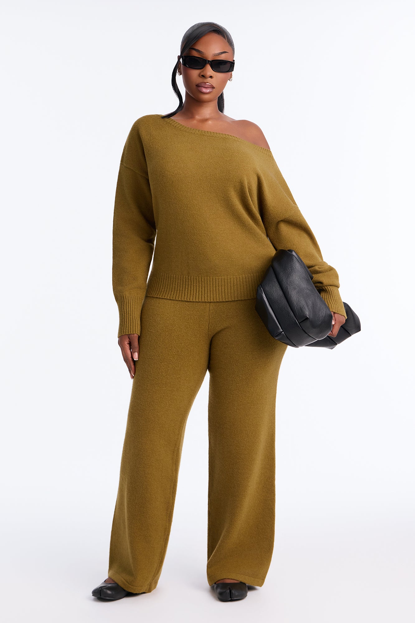 Levine Off Shoulder Sweater Pant Set - Olive