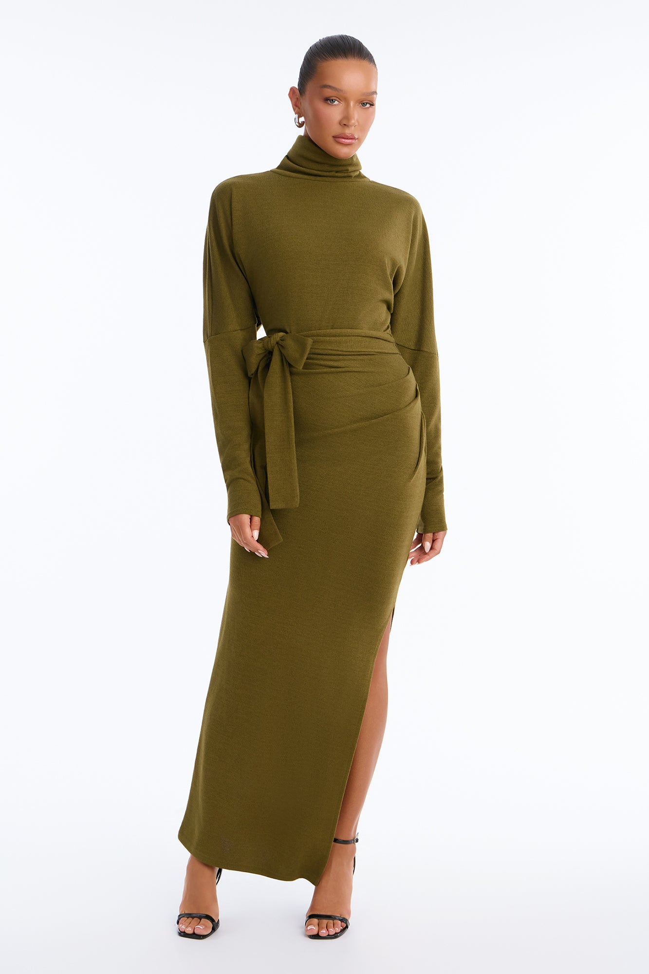 Warm Embrace Tie Waist Sweater Maxi Dress - Olive