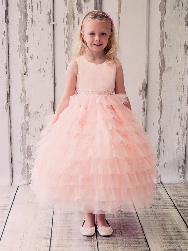 Elegant Ball Gown Crew Neck Sleeveless Tulle Ankle-length Flower Girl Dresses with Beading