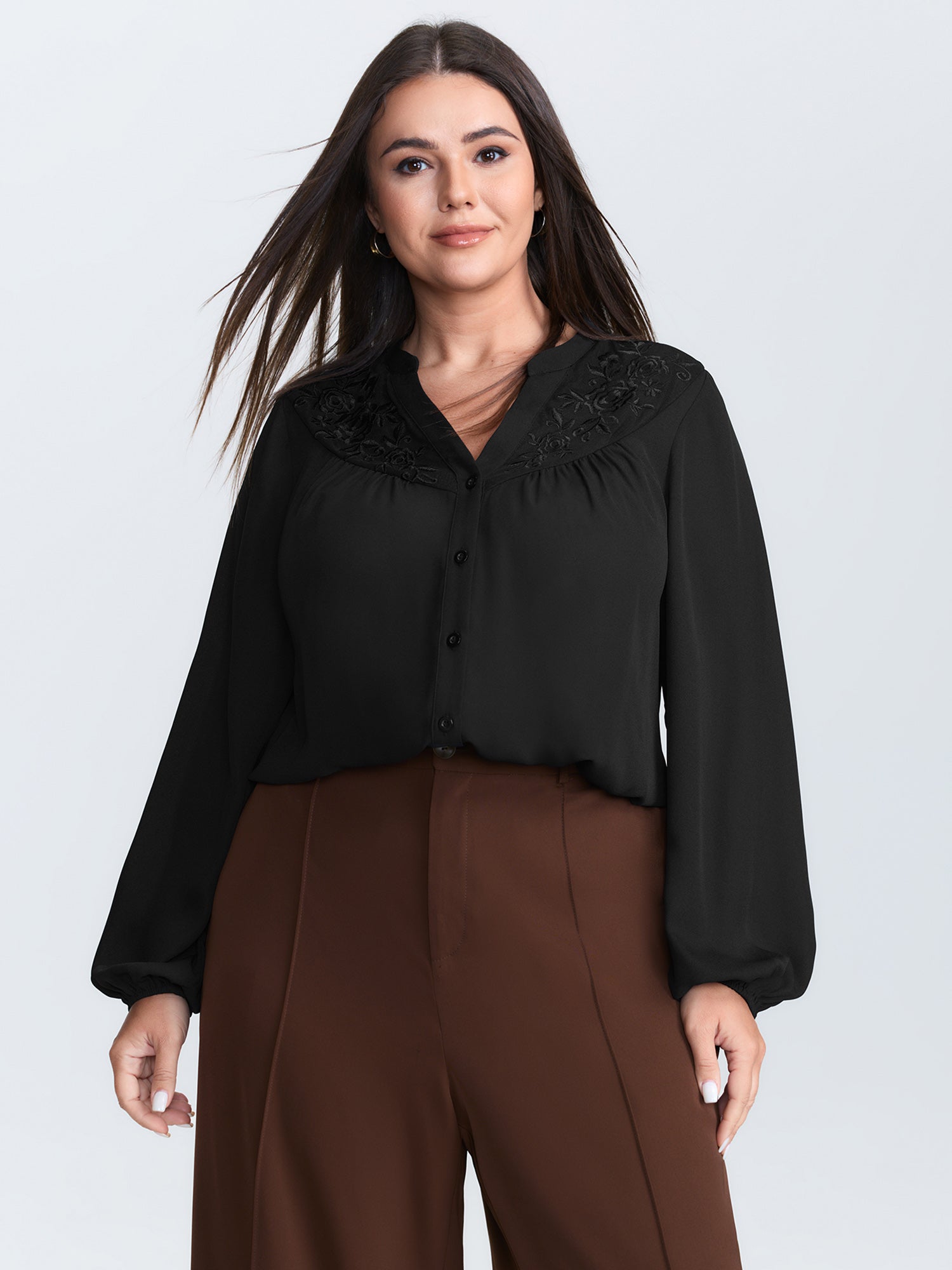 Embroidered Neckline Button-Down Blouse