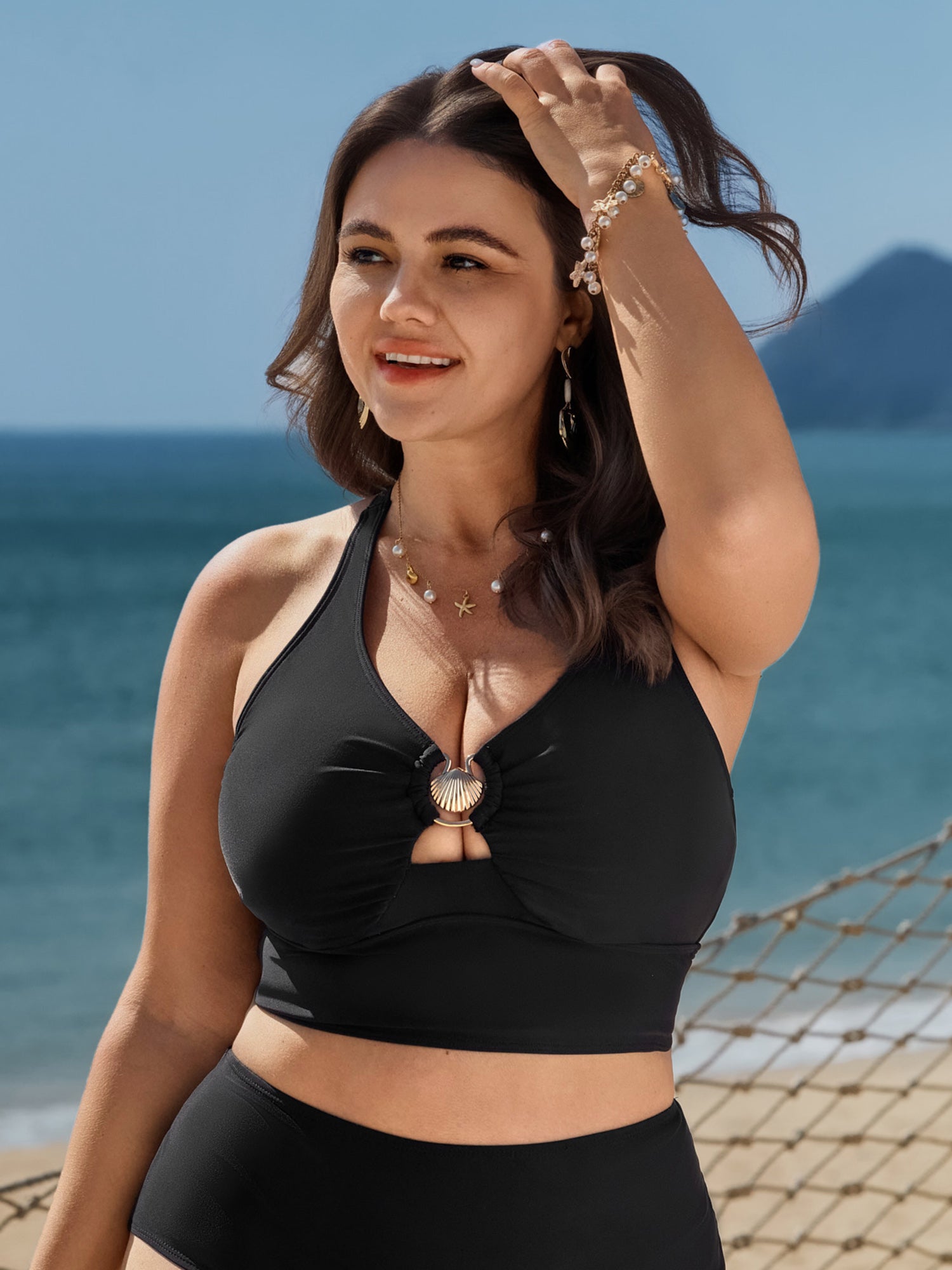 Metal Buckle Ruched Cut-Out Bikini Top