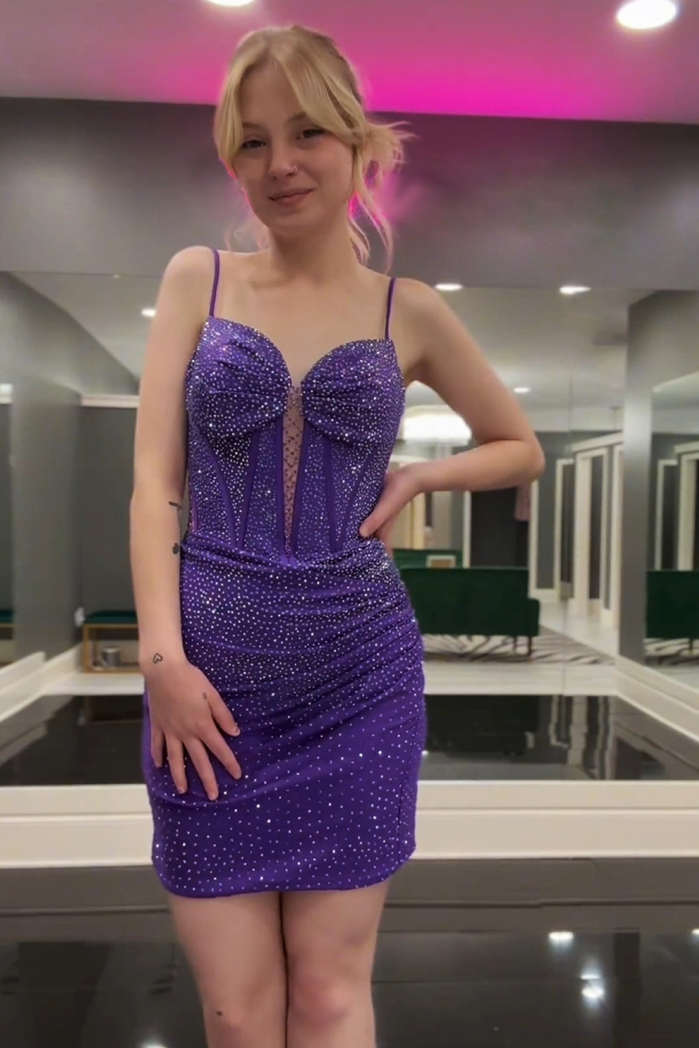 Dark Purple Sparkly Corset Tight Short Homecoming Dress/Mini Dress With Beadings