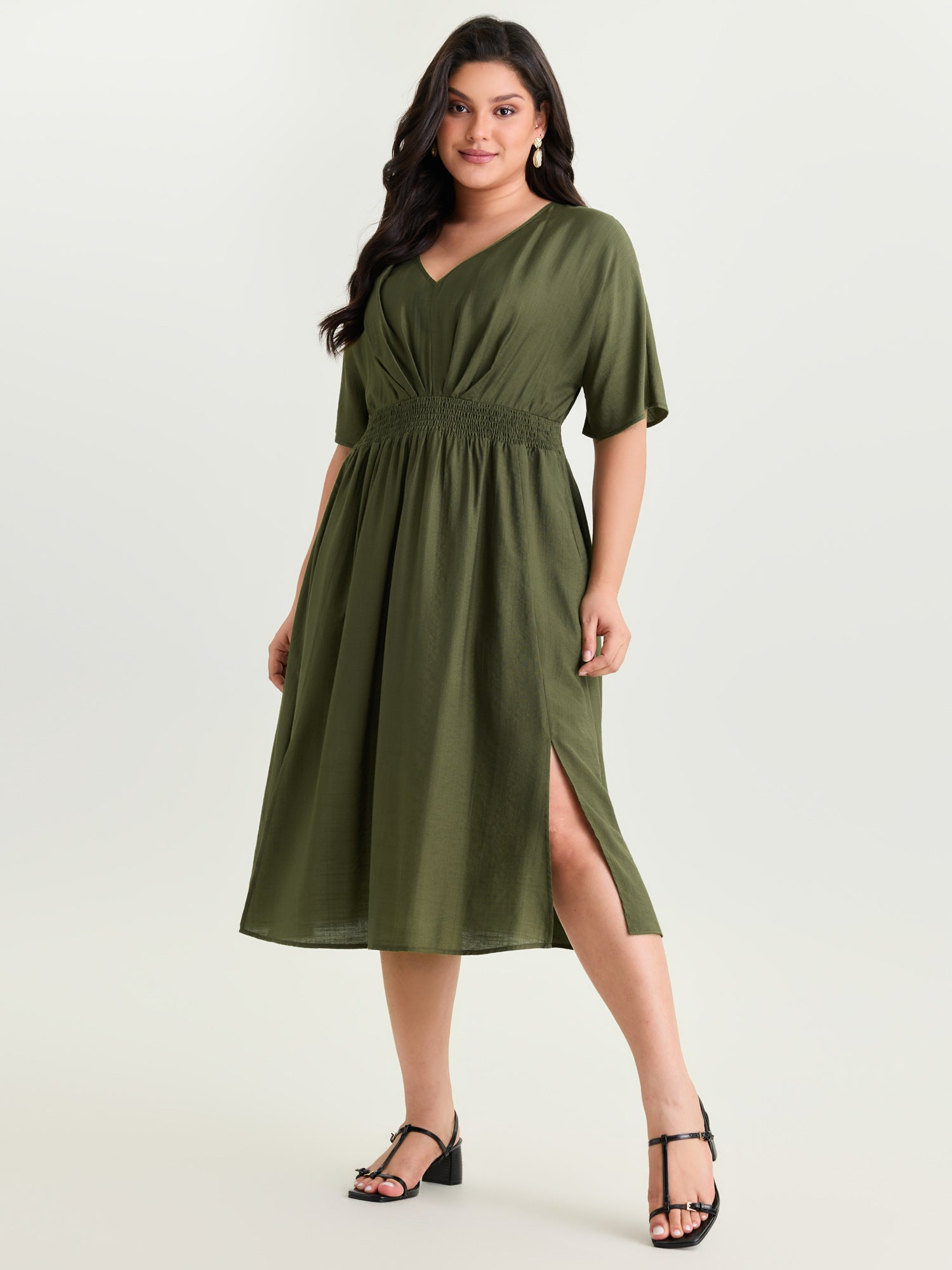 V-Neck Shirred Waist Split Hem Midi Dress