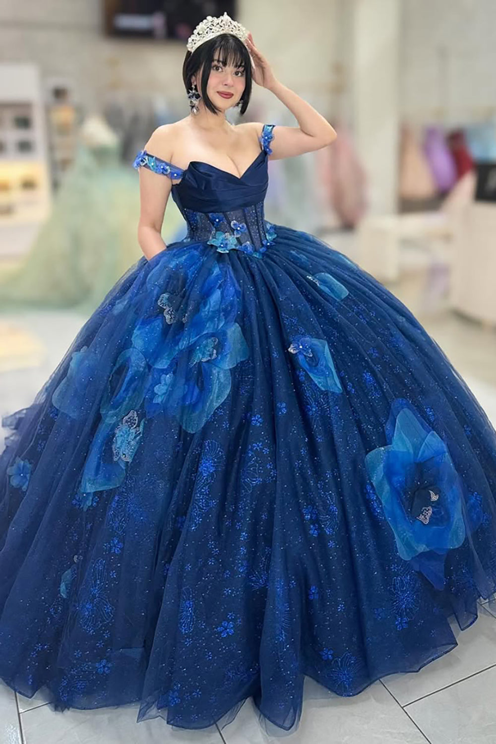 Off-the-Shoulder Navy Corset Quinceanera Dress Featuring Appliques