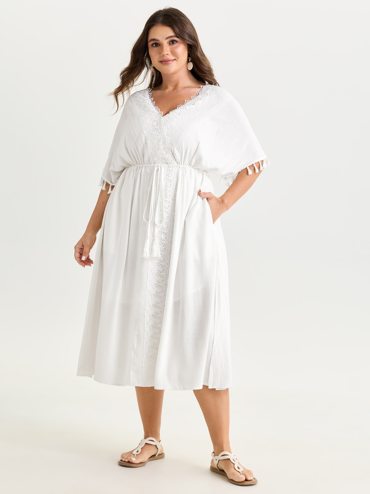 Linen Blend Lace Trim Tassel Detail Midi Dress