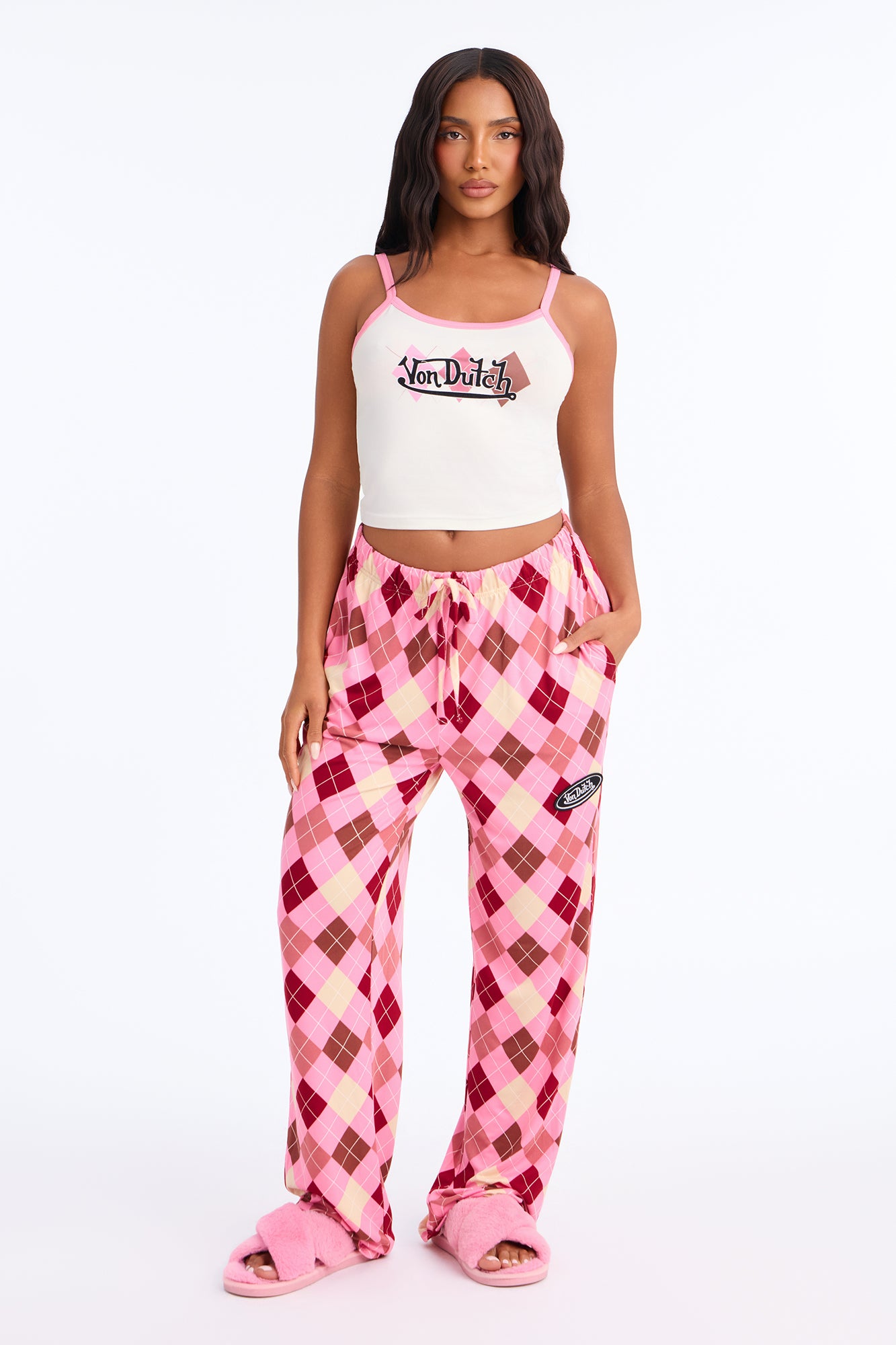 Von Dutch Pattern Contrast PJ Pant Set - Pink/combo
