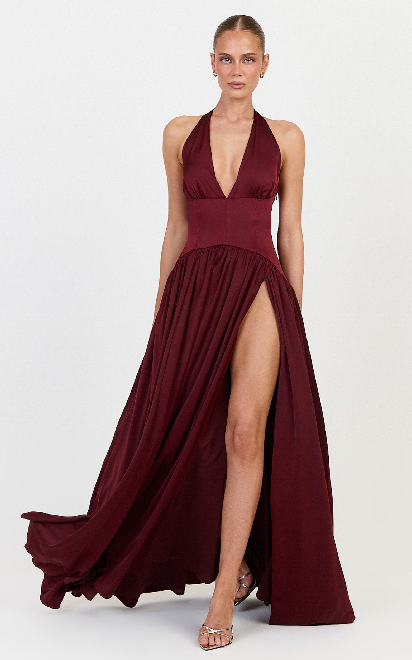 Orion Maxi Dress - Halter Fit And Flare Corset Waist Dress in Wine