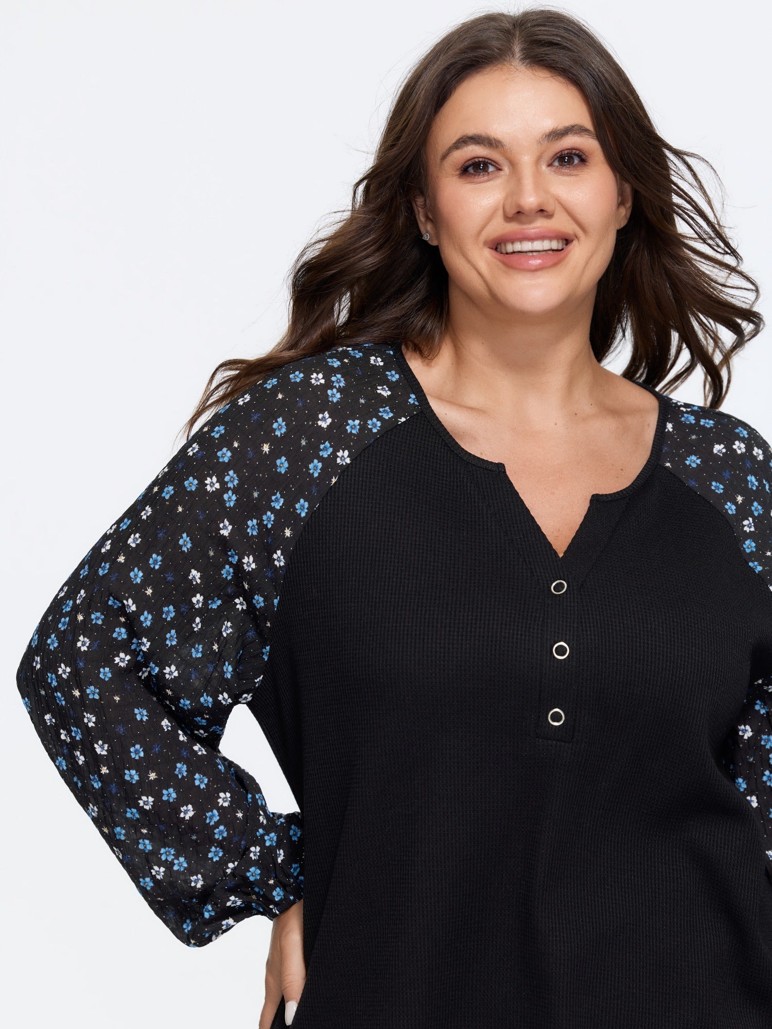 Floral Spliced Raglan Sleeve Waffle Knit Sweatshirt