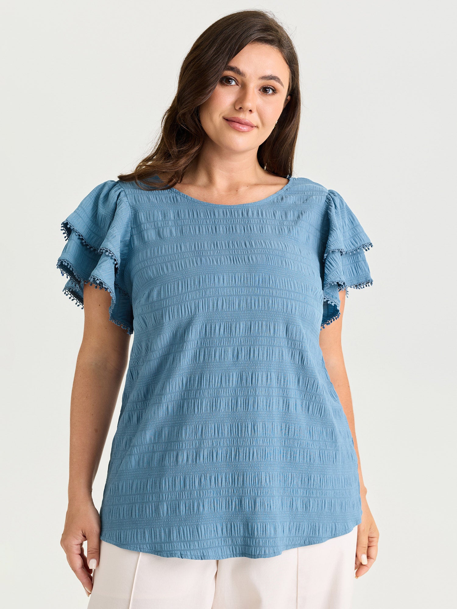 Textured Layered Ruffled Sleeve Blouse