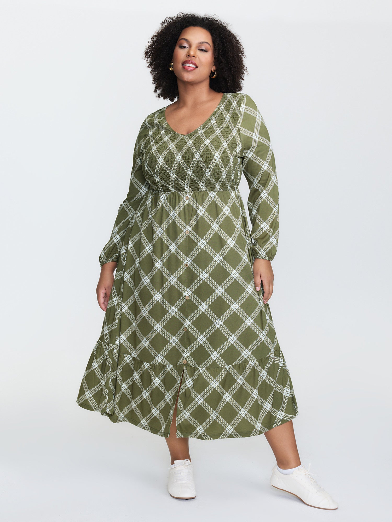 Checkered Pattern Shirred Pockets Midi Dress