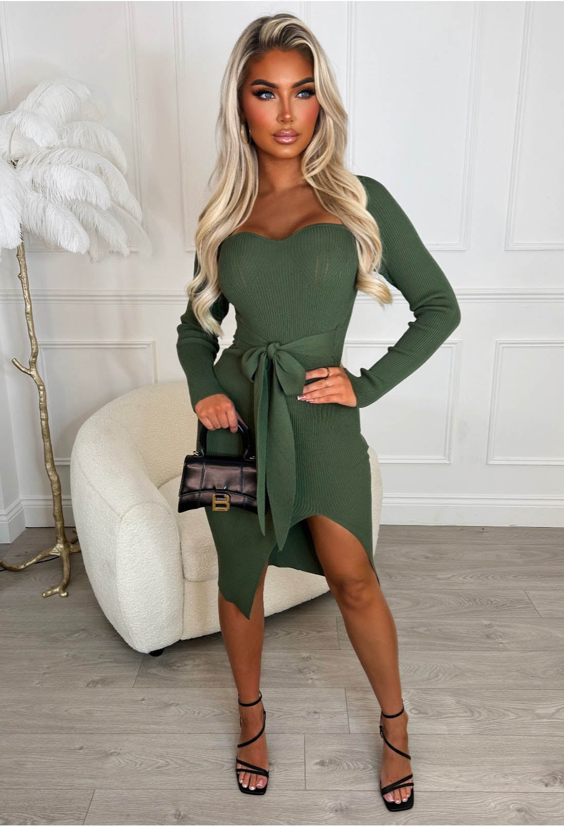 Tied To Love Khaki Tie Waist Long Sleeve Stretch Ribbed Knitted Midi Dress