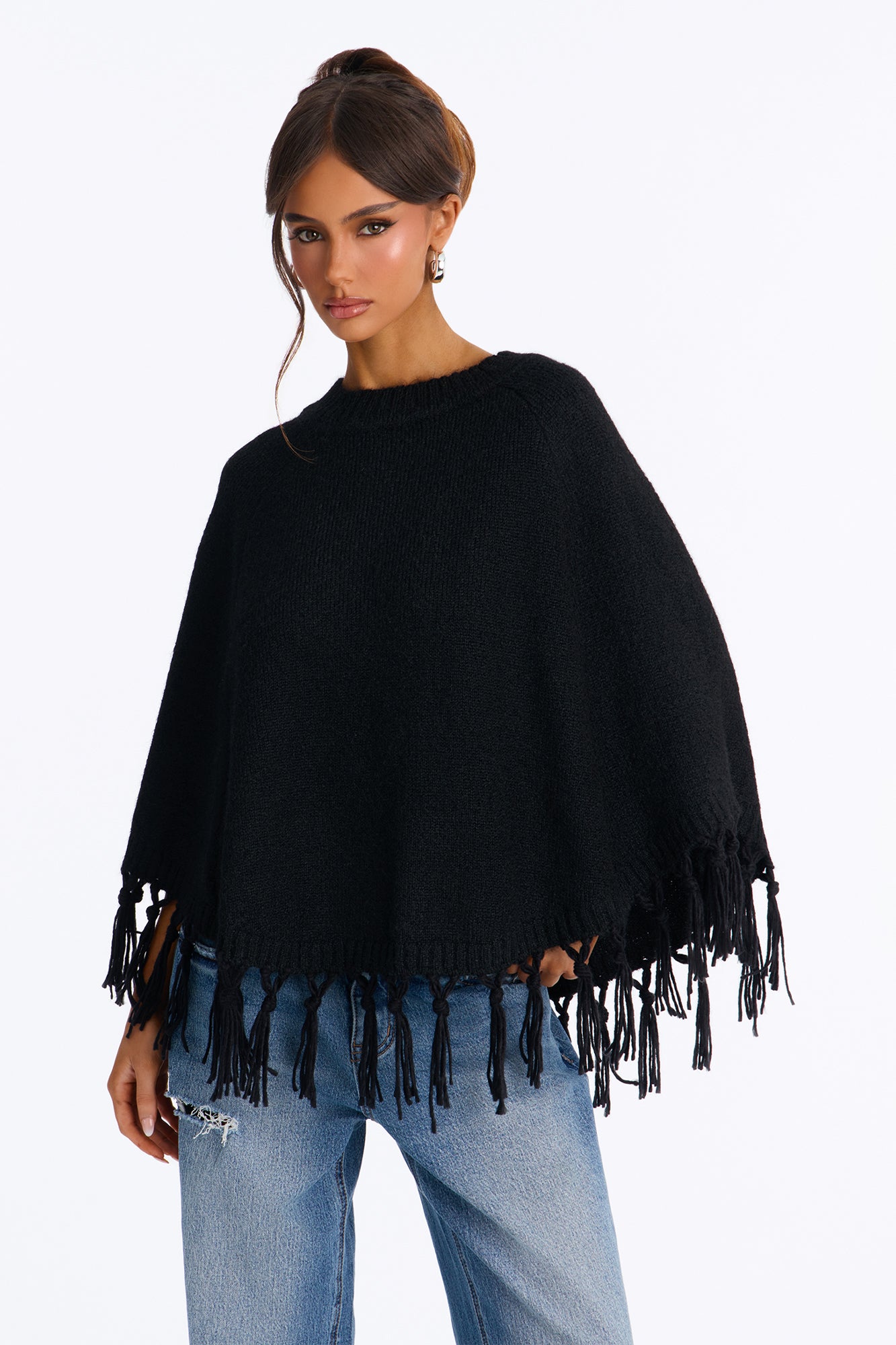 The Muse Fringe Poncho Sweater - Black
