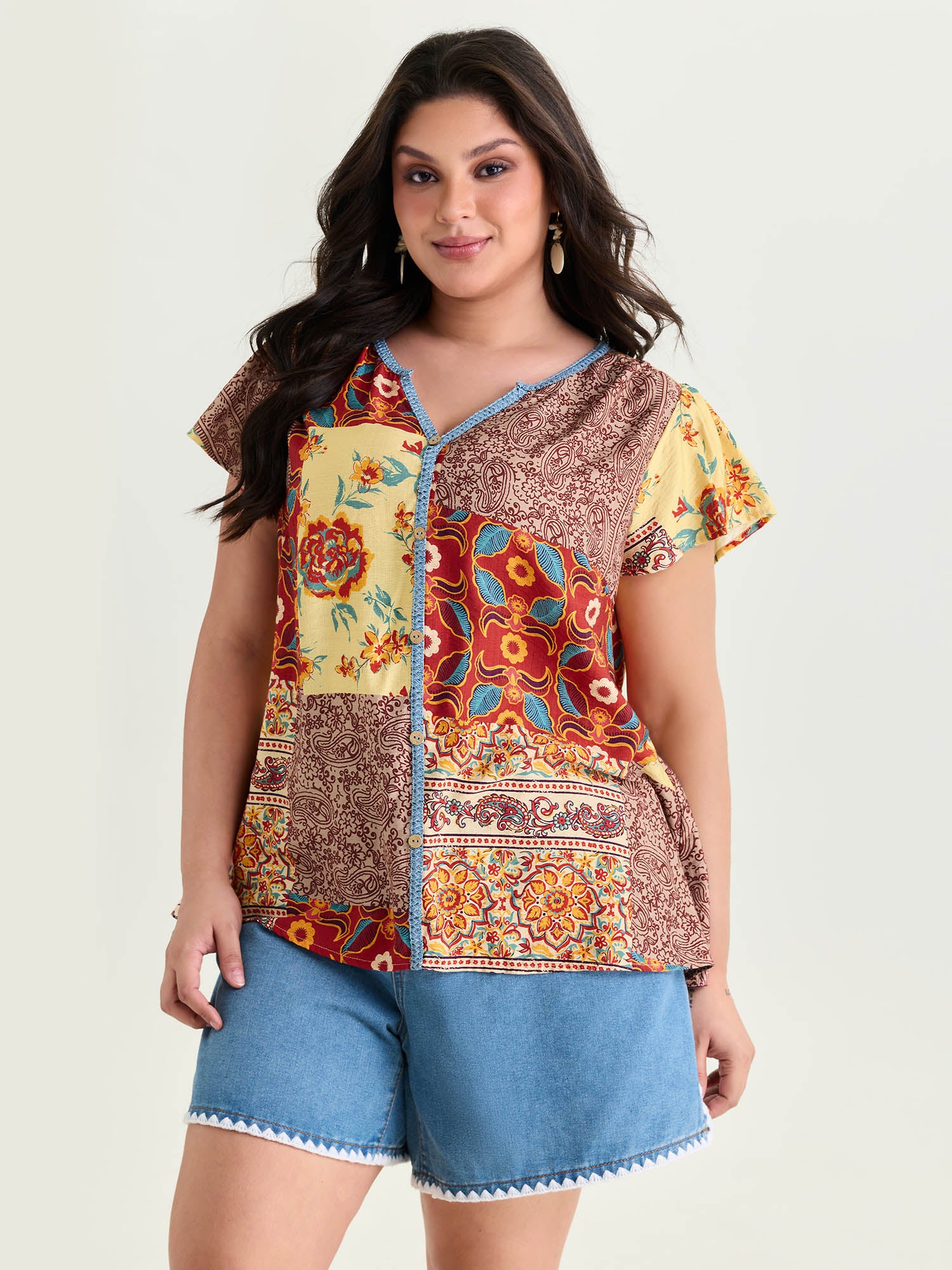 Supersoft Colorful Contrast Patchwork Print Blouse