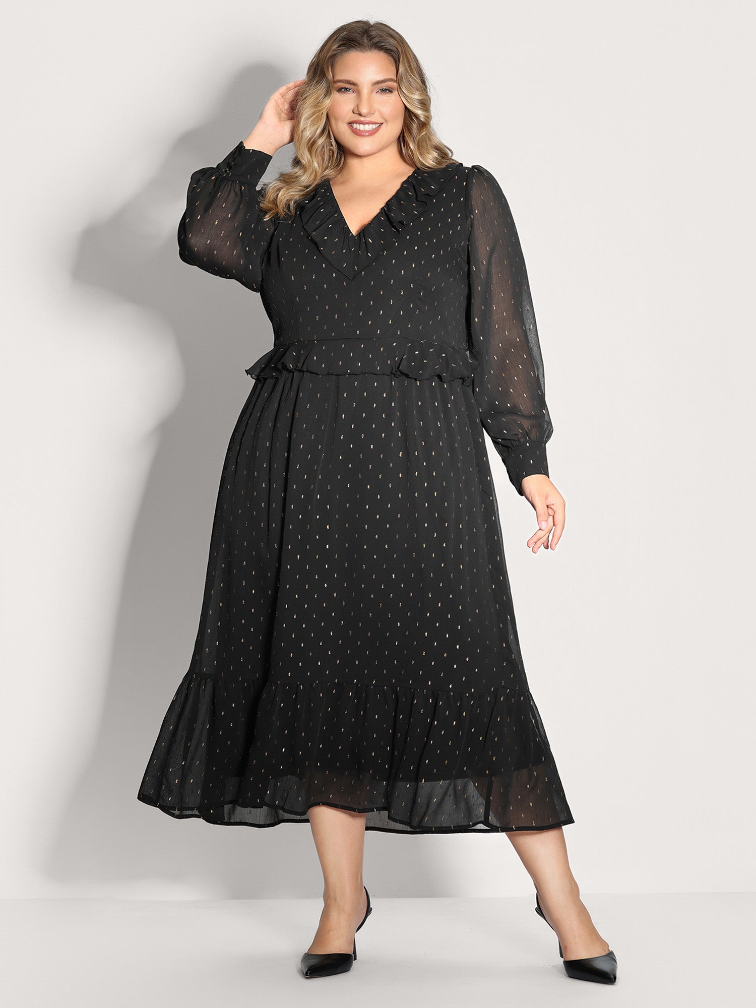 Gold Stamp Ruffled Neck Maxi Dress