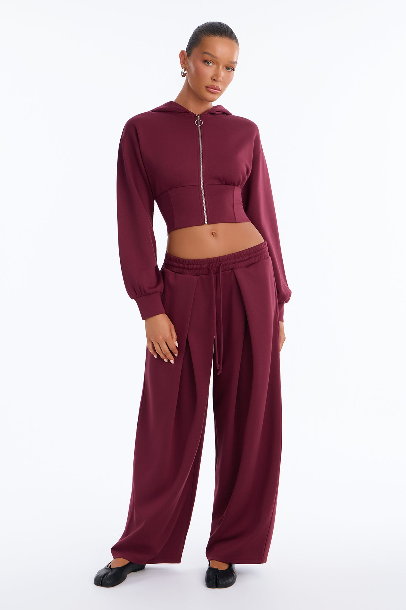 Zoey Zip Front Barrel Leg Pant Set - Burgundy