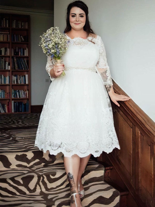 Fabulous Plus Size A-Line Long Sleeves Lace Tea-Length Wedding Dresses