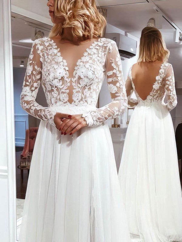 Elegant V-Neck Long Sleeveless Tulle A-Line Wedding Dresses with Appliques