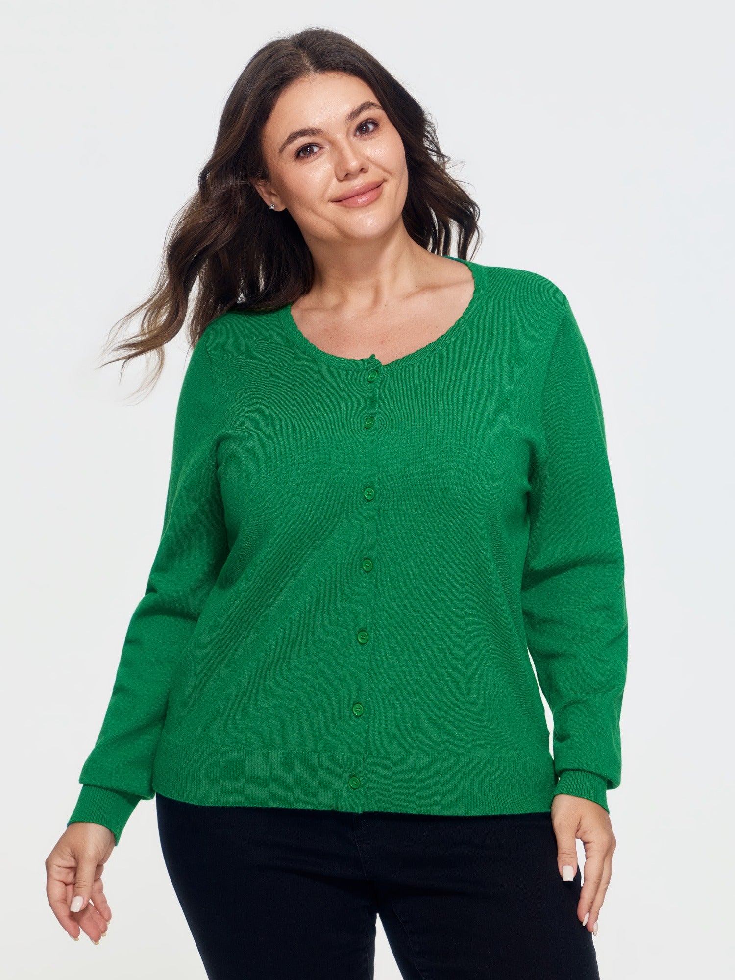 Round Neck Scallop Edge Button Front Cardigan