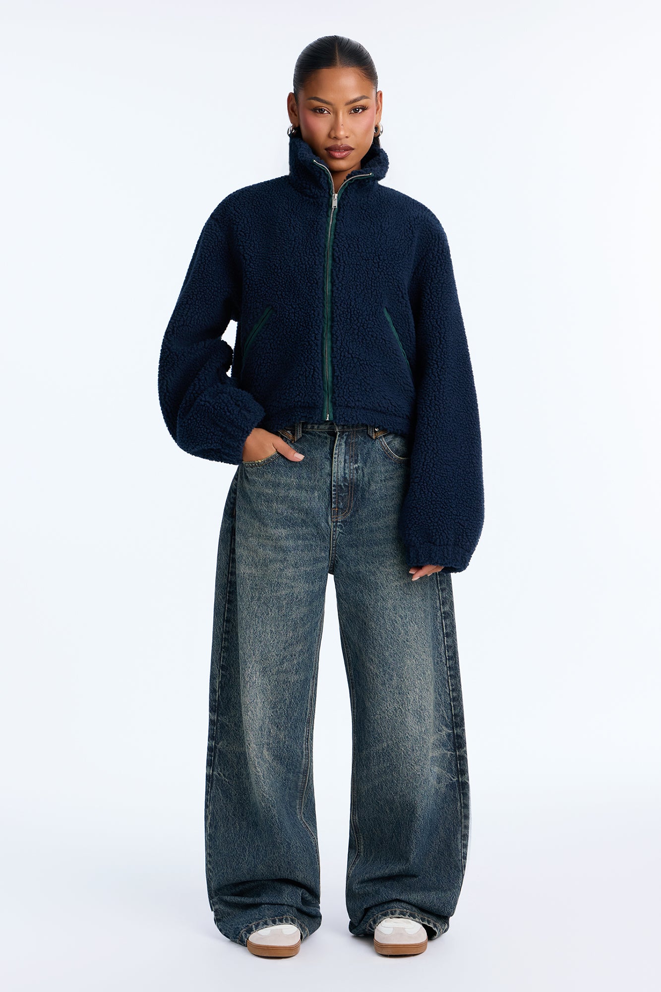 Cozy Cove Faux Sherpa Coat - Navy/combo