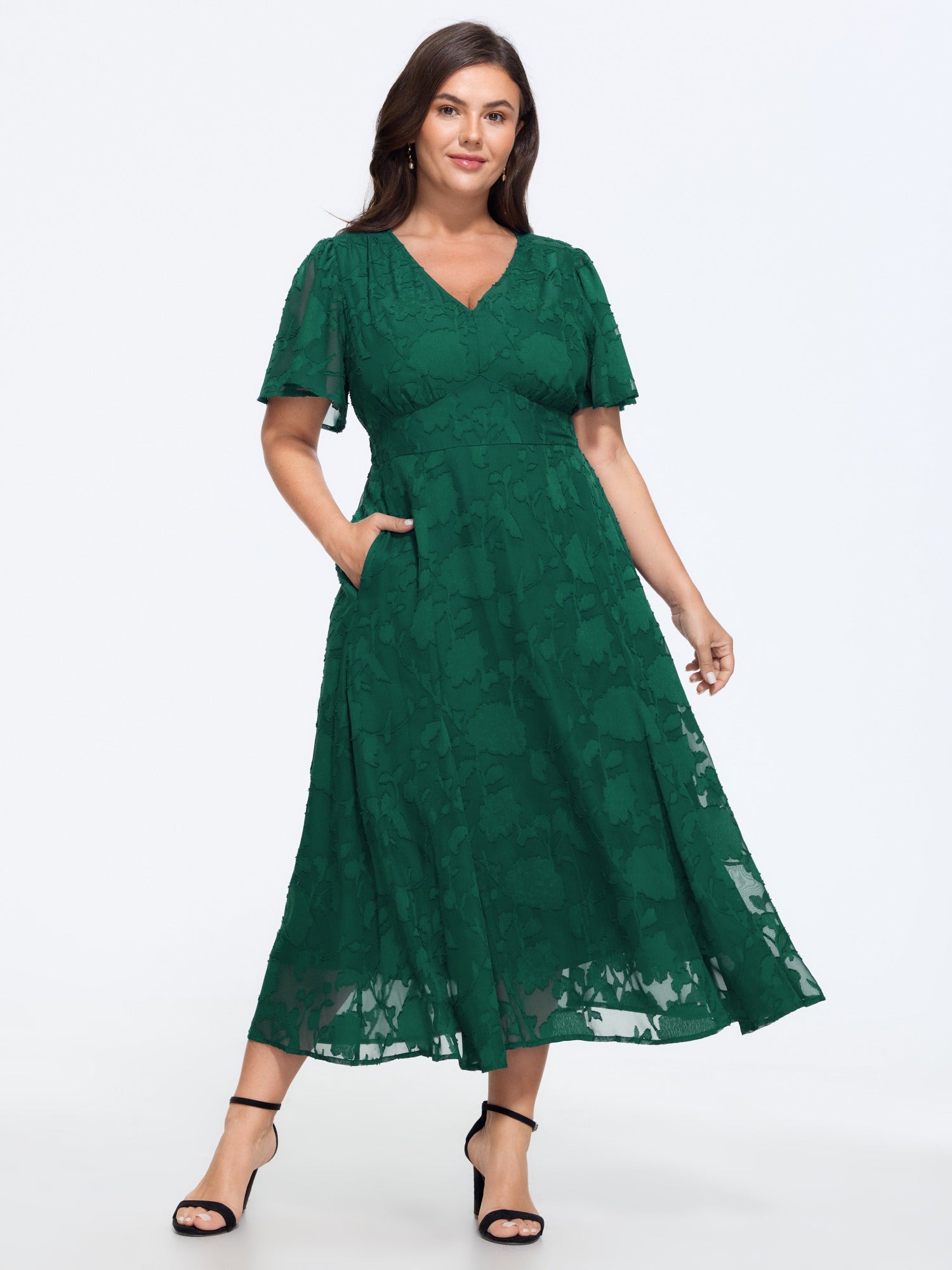 Textured V Neck Shirred Waist Pocket Midi Dress