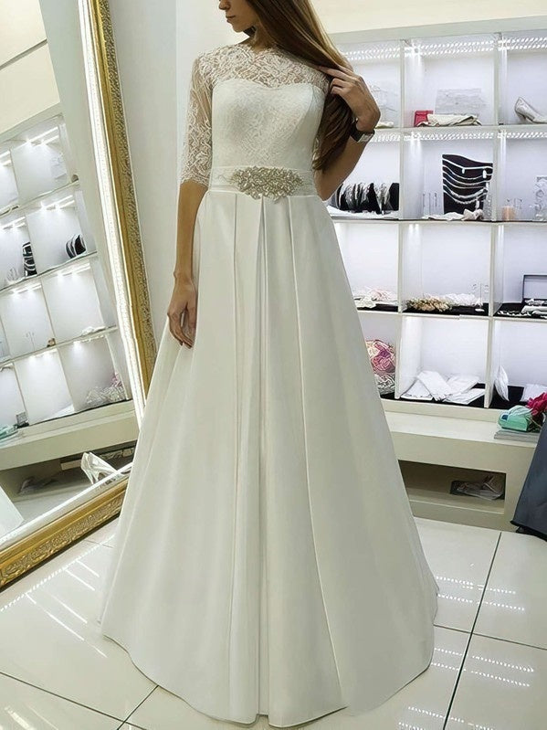 Elegant Satin Lace Half Sleeves Floor-Length Wedding Dresses with Sash