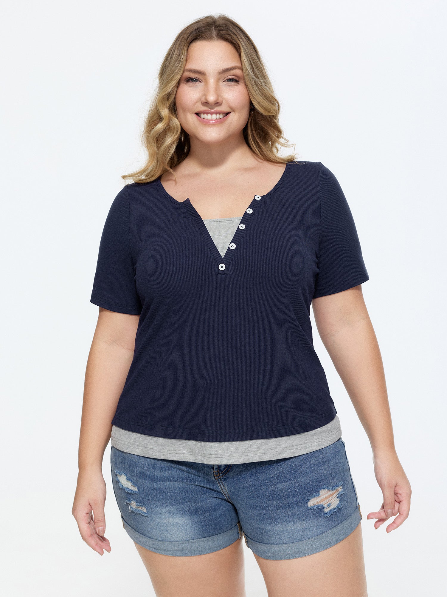Stretchy Split Neckline Color Contrast T-Shirt