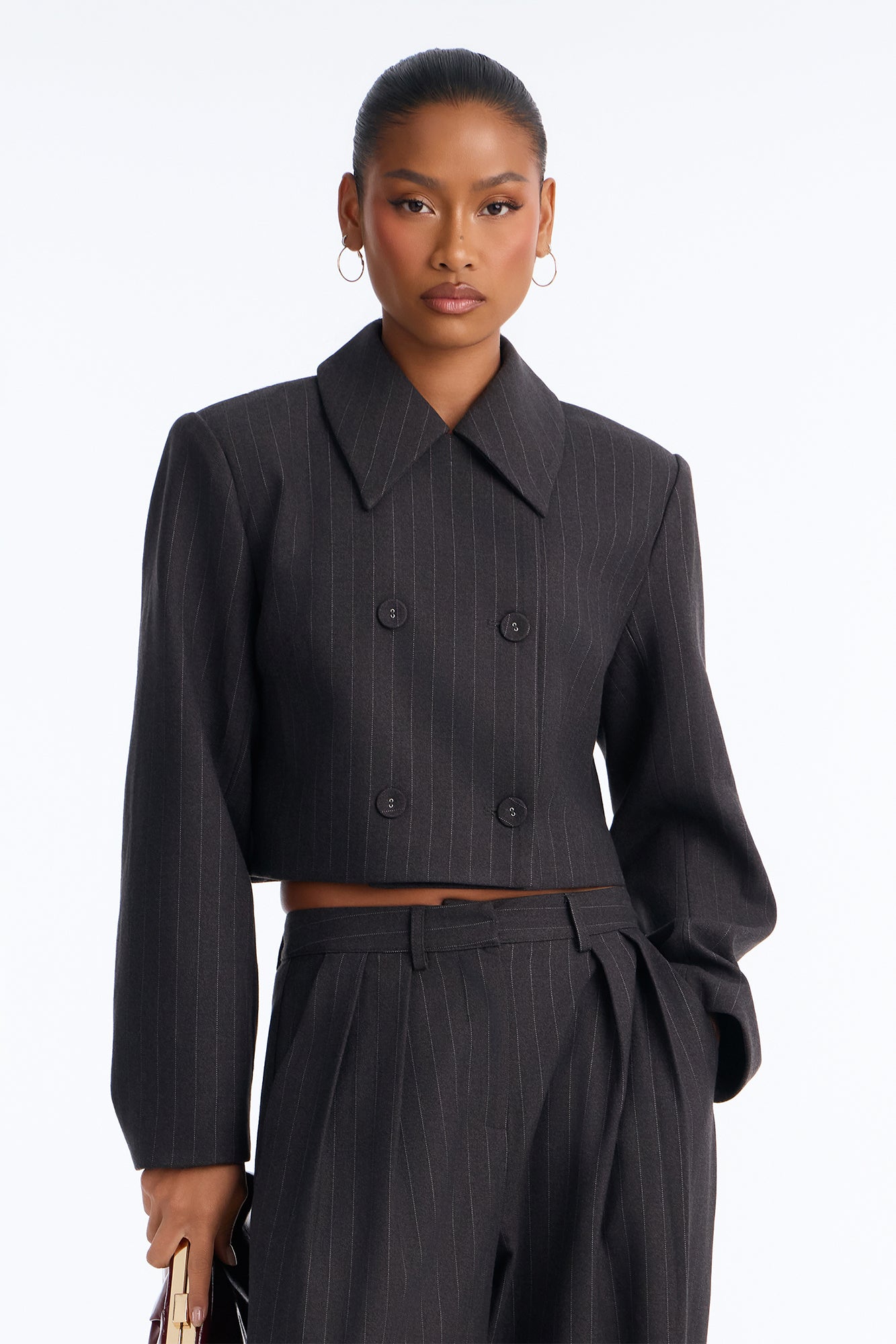 Maxine Double Breasted Cropped Collared Blazer - Charcoal