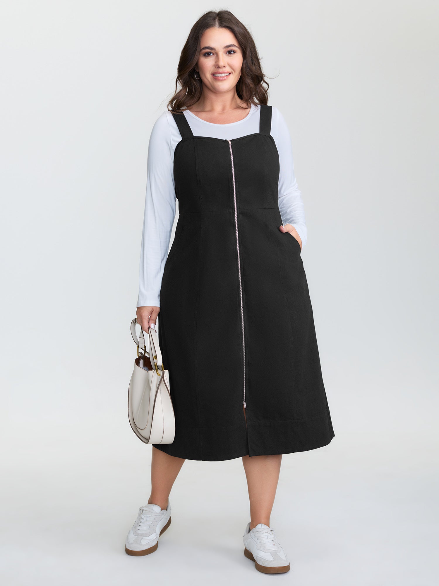 Cotton Shirred Zipper-Front Midi Dress