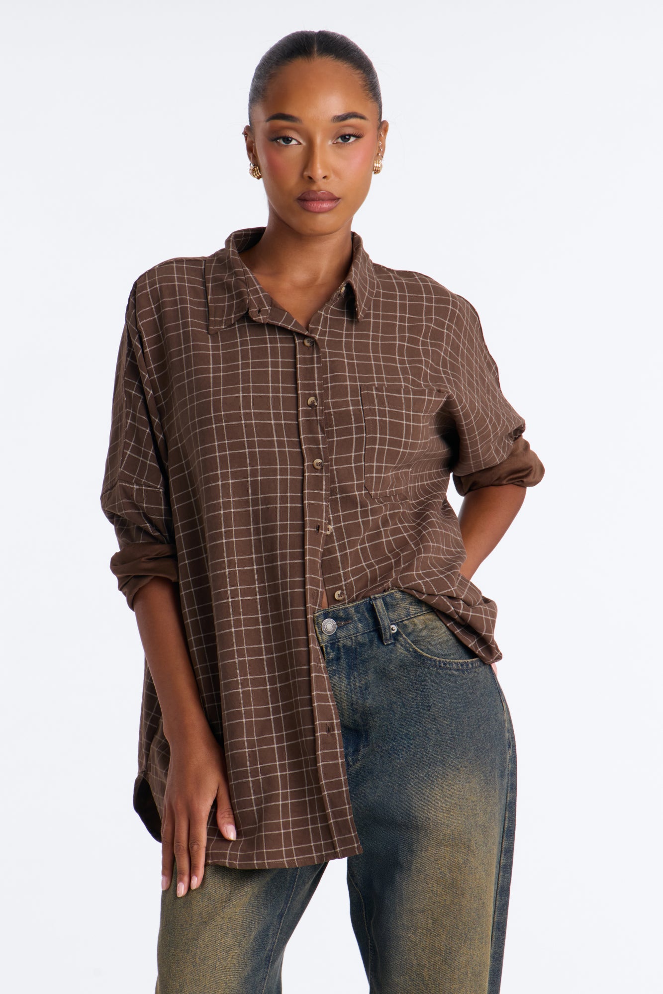 Maple Sunsets Oversized Plaid Shirt - Brown