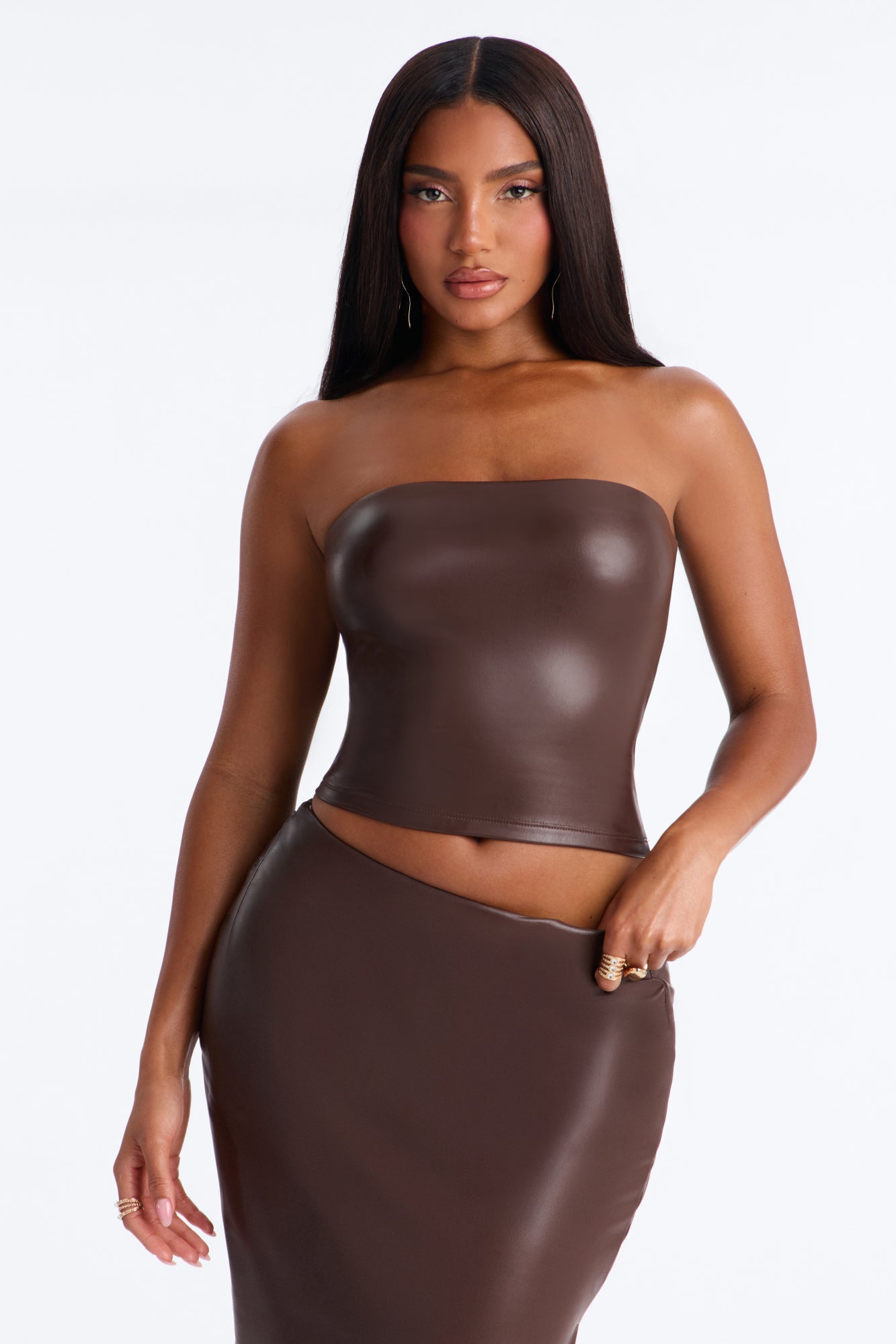 Faux Leather Cropped Tube Top - Brown