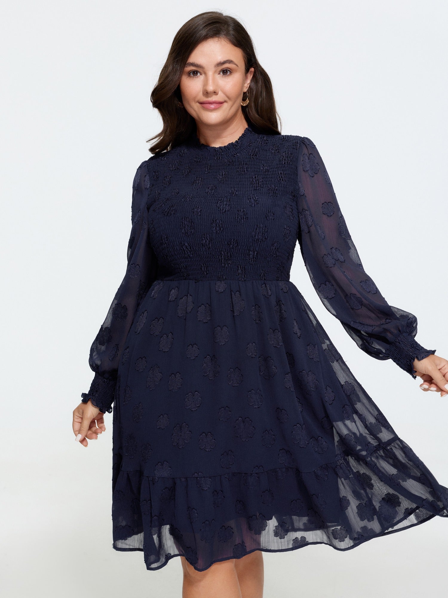 Texture Floral Mesh Ruffled Neck Shirred Mini Dress