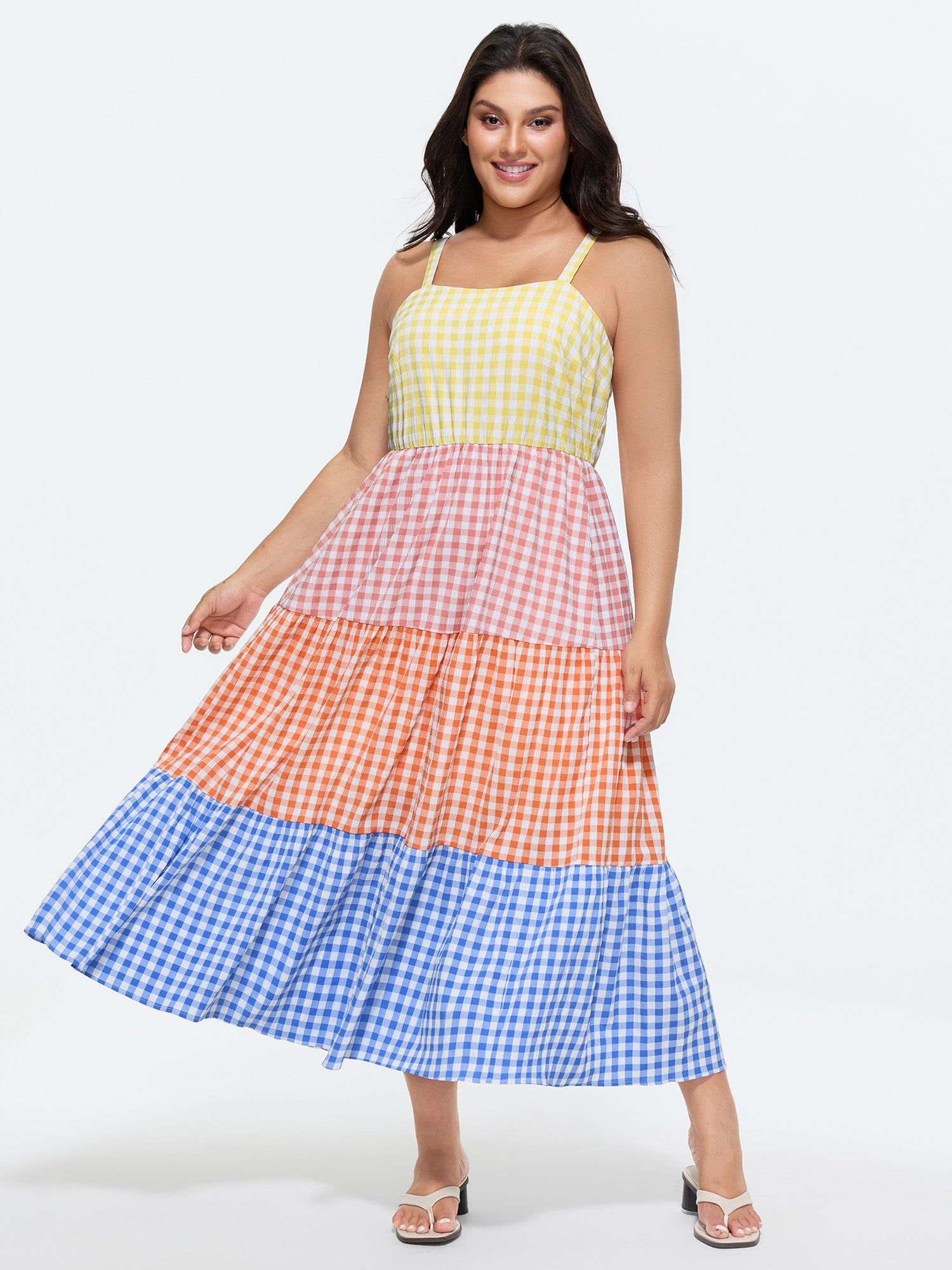Colorblock Gingham Print Tiered Maxi Dress