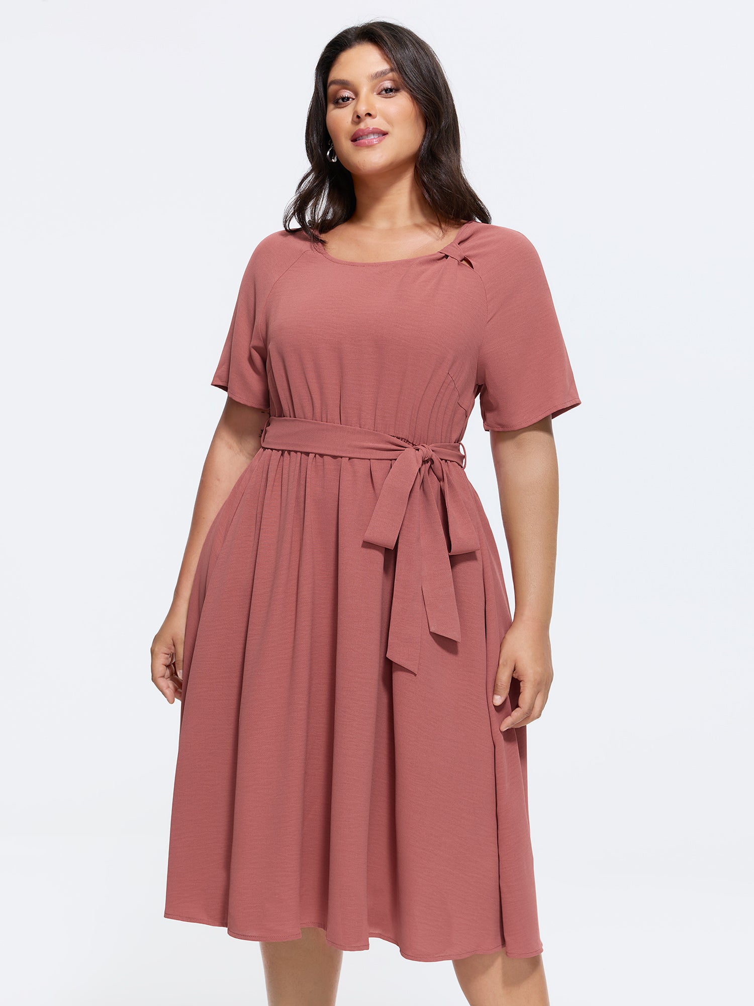 Knotted Shoulder Detail Waist-Tie Midi Dress