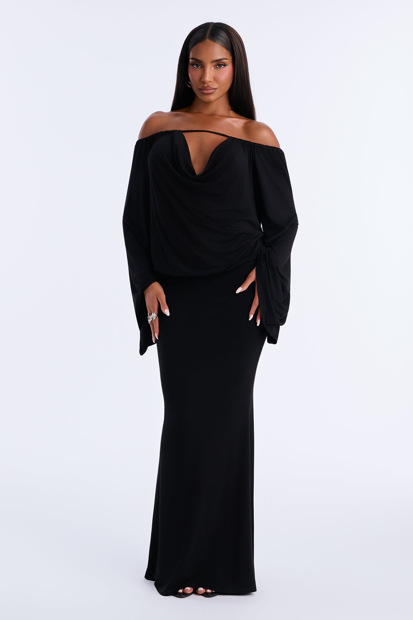Jaylen Off Shoulder Cowl Maxi Dress - Black
