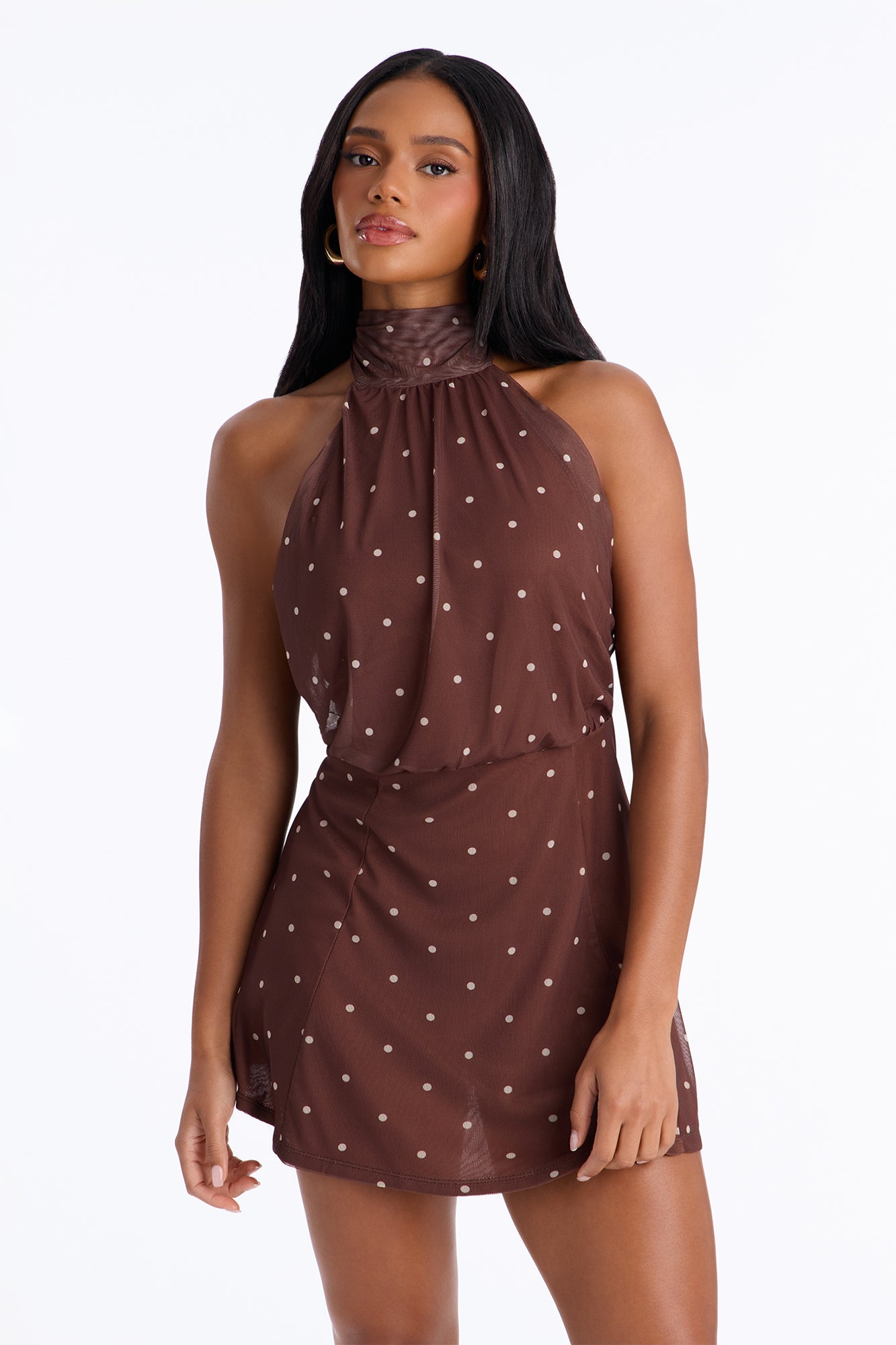 Liv Mock Neck Mesh Mini Dress - Brown/combo