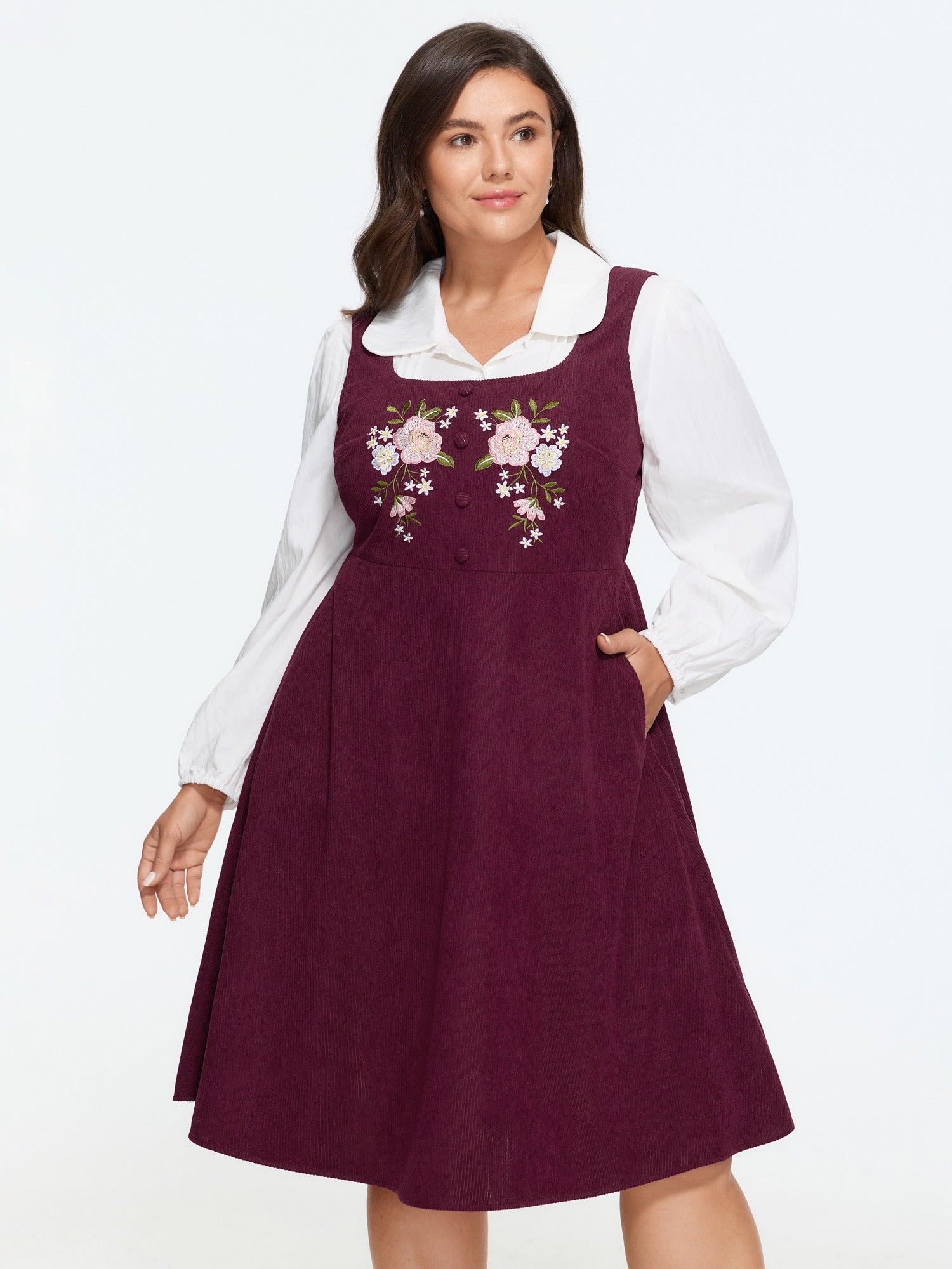 Corduroy Floral Embroidered Mini Dress