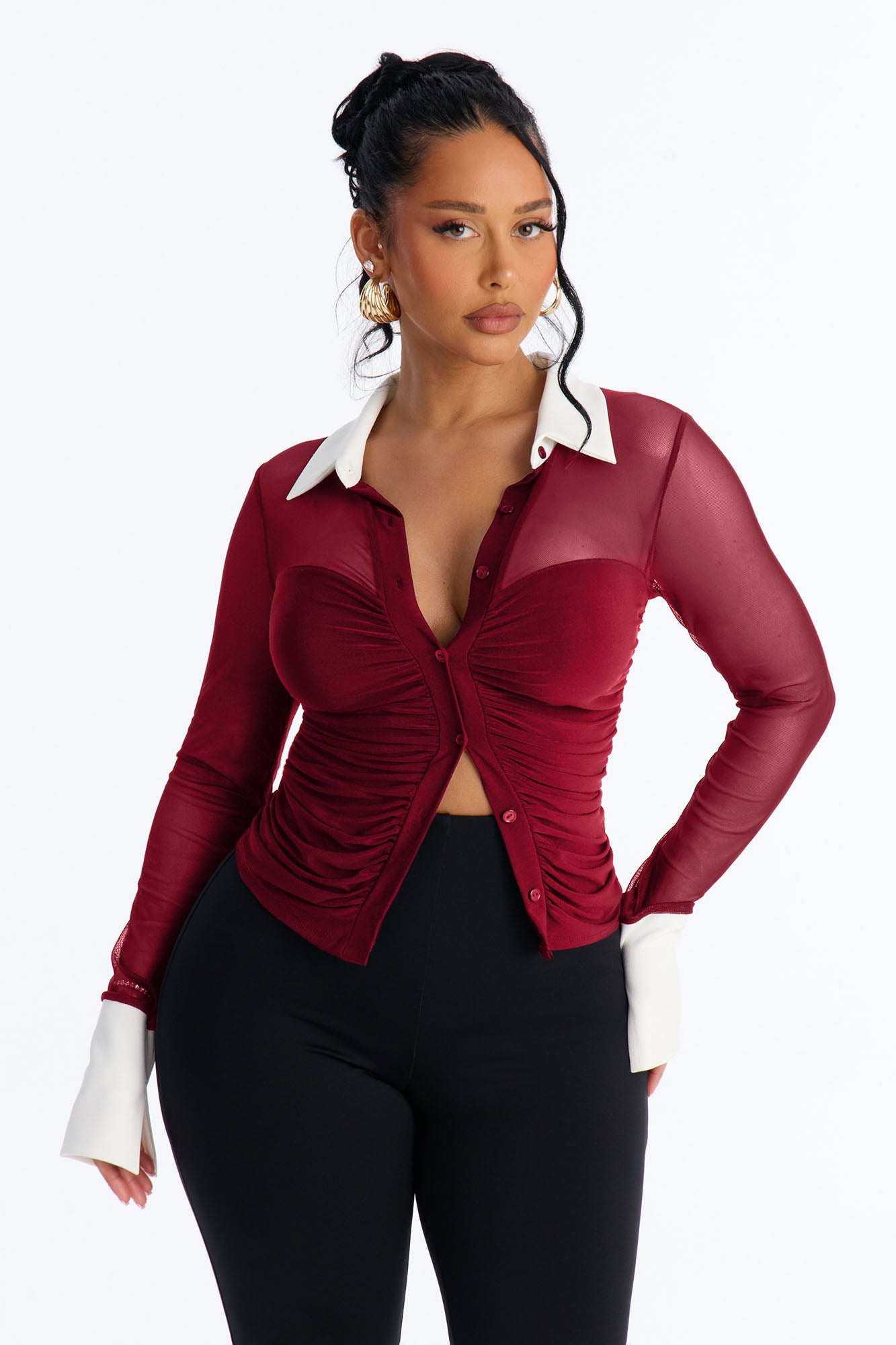 Strictly Yours Ruched Mesh Long Sleeve Shirt - Burgundy